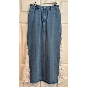 Blue Blush Denim Maxi Skirt with White Lace Panel Inserts – Size Small